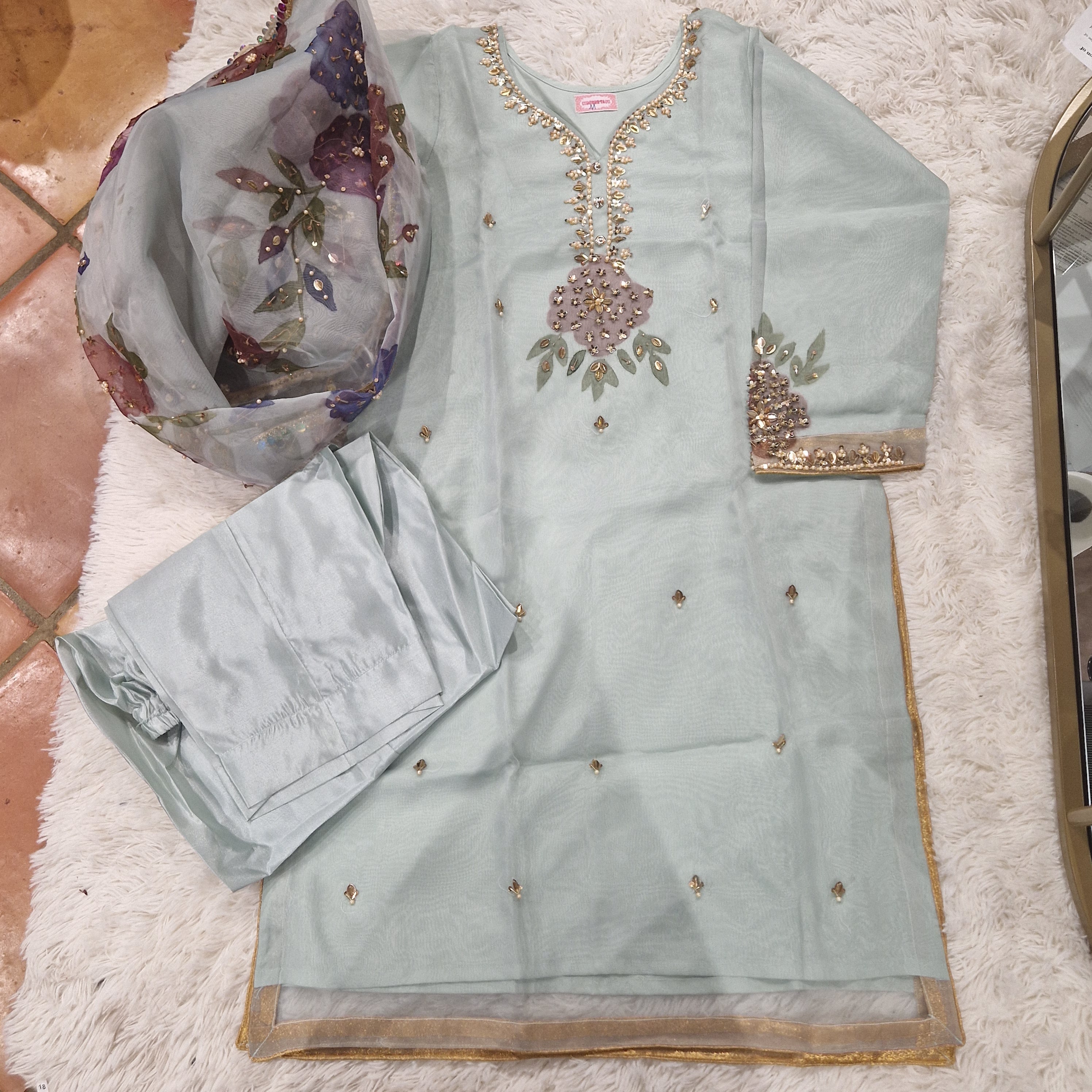 Mother Daughter -Minty organza with handpainted dupatta  (0-XXL)
