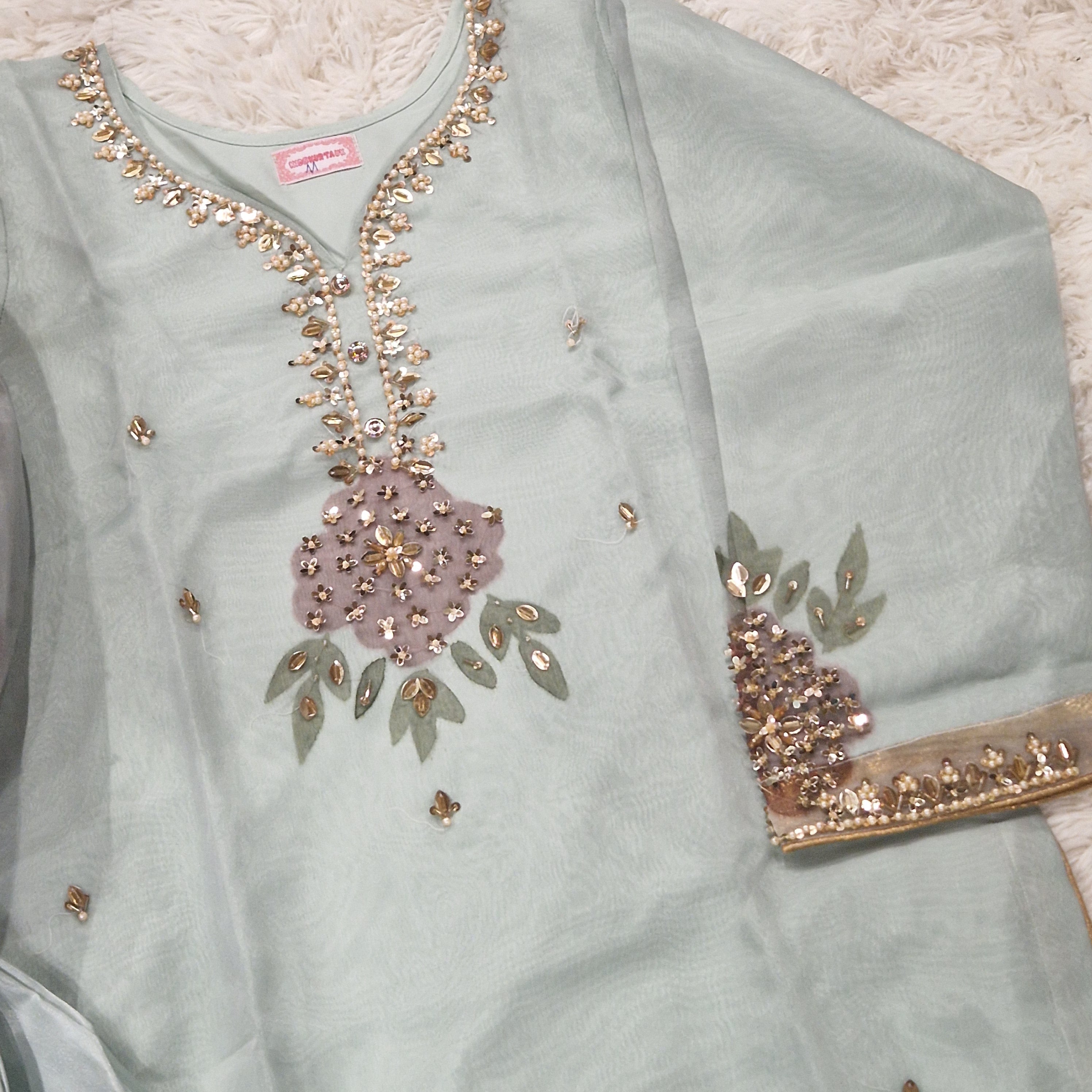 Mother Daughter -Minty organza with handpainted dupatta  (0-XXL)