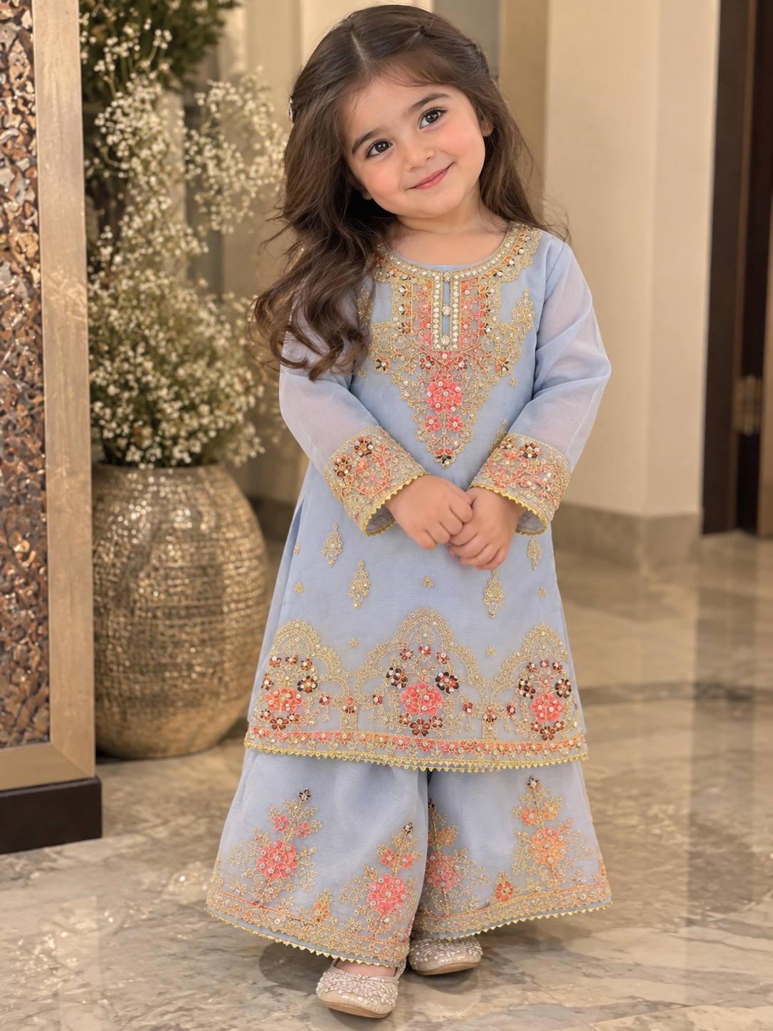 Blue/grey organza sharara (0-3 months to 3-4 years)