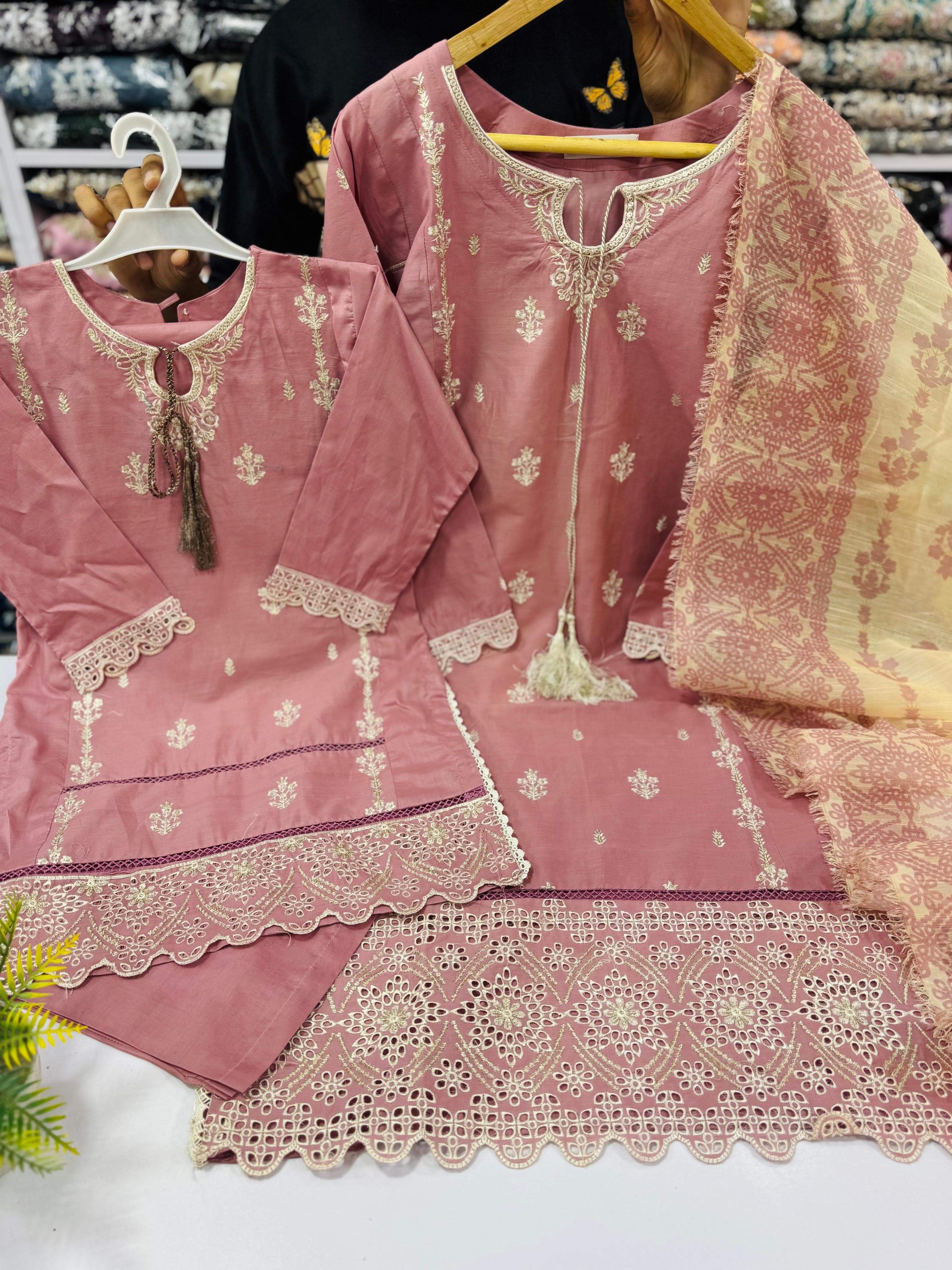Dusty pink Mother daughter cotton suit (2 years - Adult XL)
