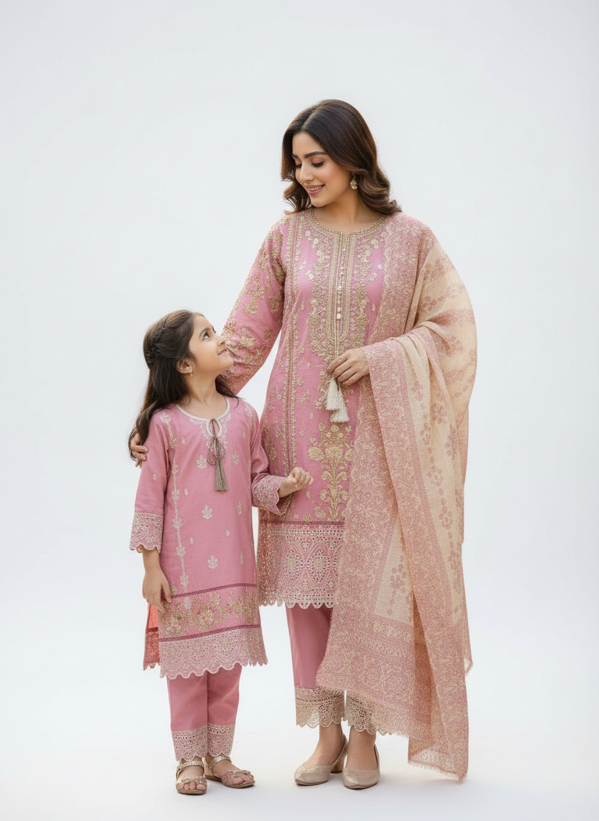 Dusty pink Mother daughter cotton suit (2 years - Adult XL)