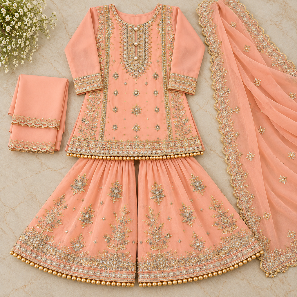 Pink organza gharara (0-3 months to 3-4 years)