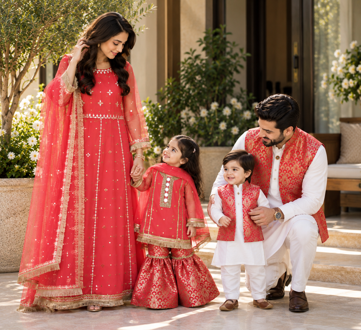 Peach Pink Mirrored Gharara with Matching Mum Maxi and Matching Boys