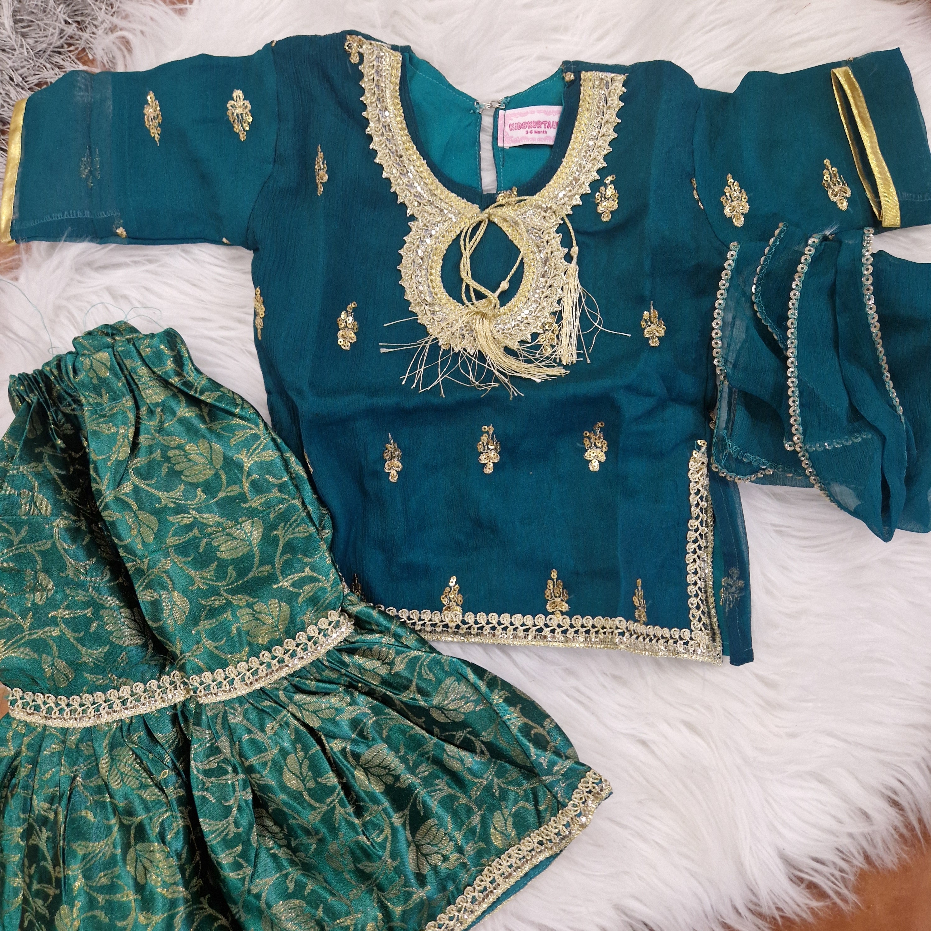 Green top and gharara(not teal) (0-4 years)