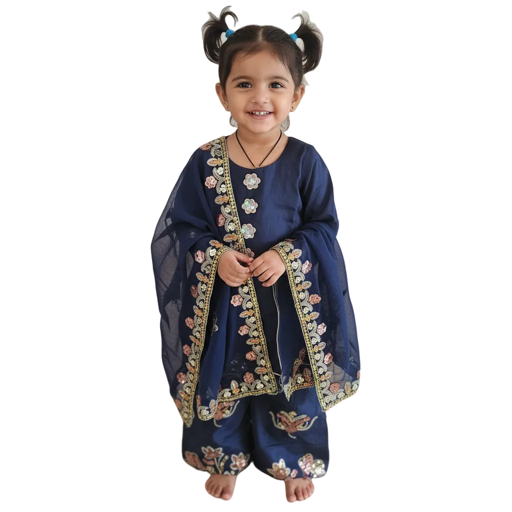 Mother Daughter- Navy silk embroidered Farshi shalwar  0-3 months to XXL