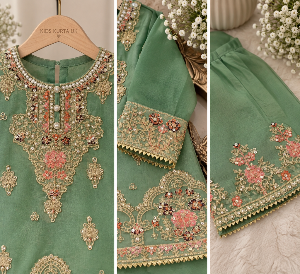 Green organza sharara (0-3 months to 3-4 years)
