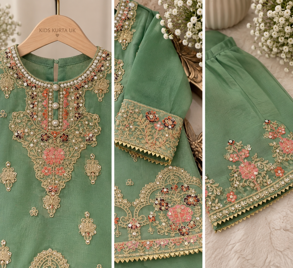 Green organza sharara (0-3 months to 3-4 years)
