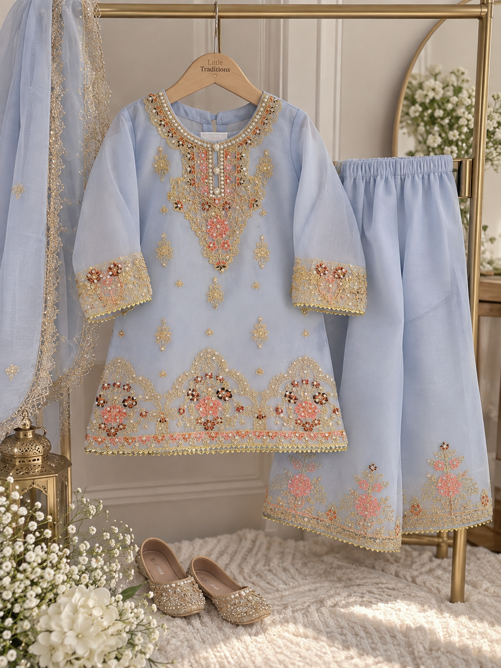 Blue/grey organza sharara (0-3 months to 3-4 years)