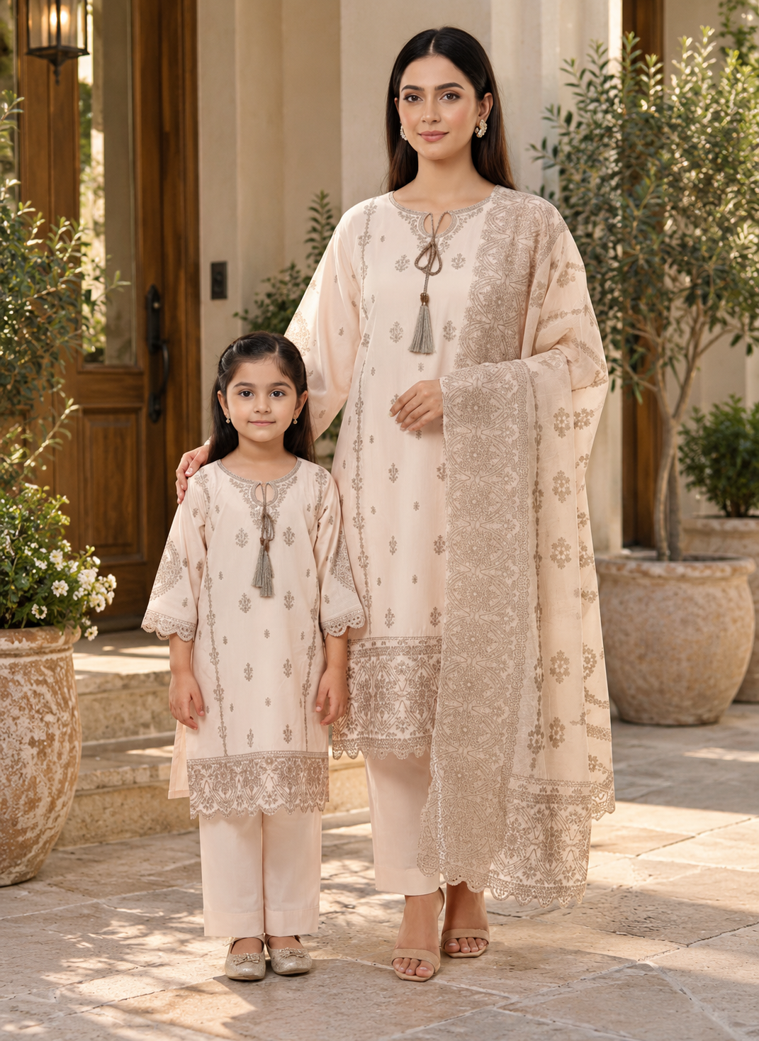 Cream Mother daughter cotton suit (2 years - Adult XL)