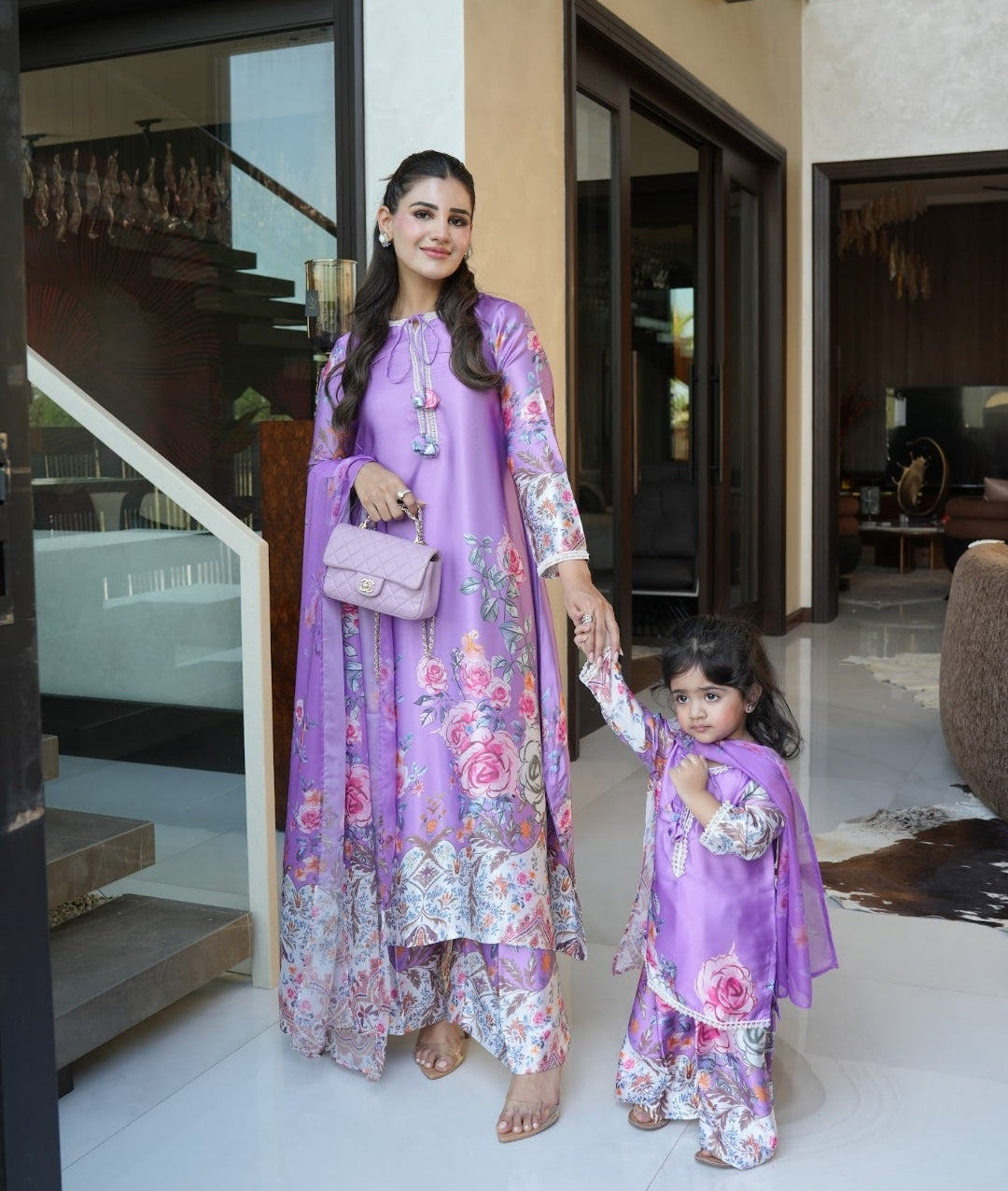 Lilac Silk KAFTAN with kids sharara