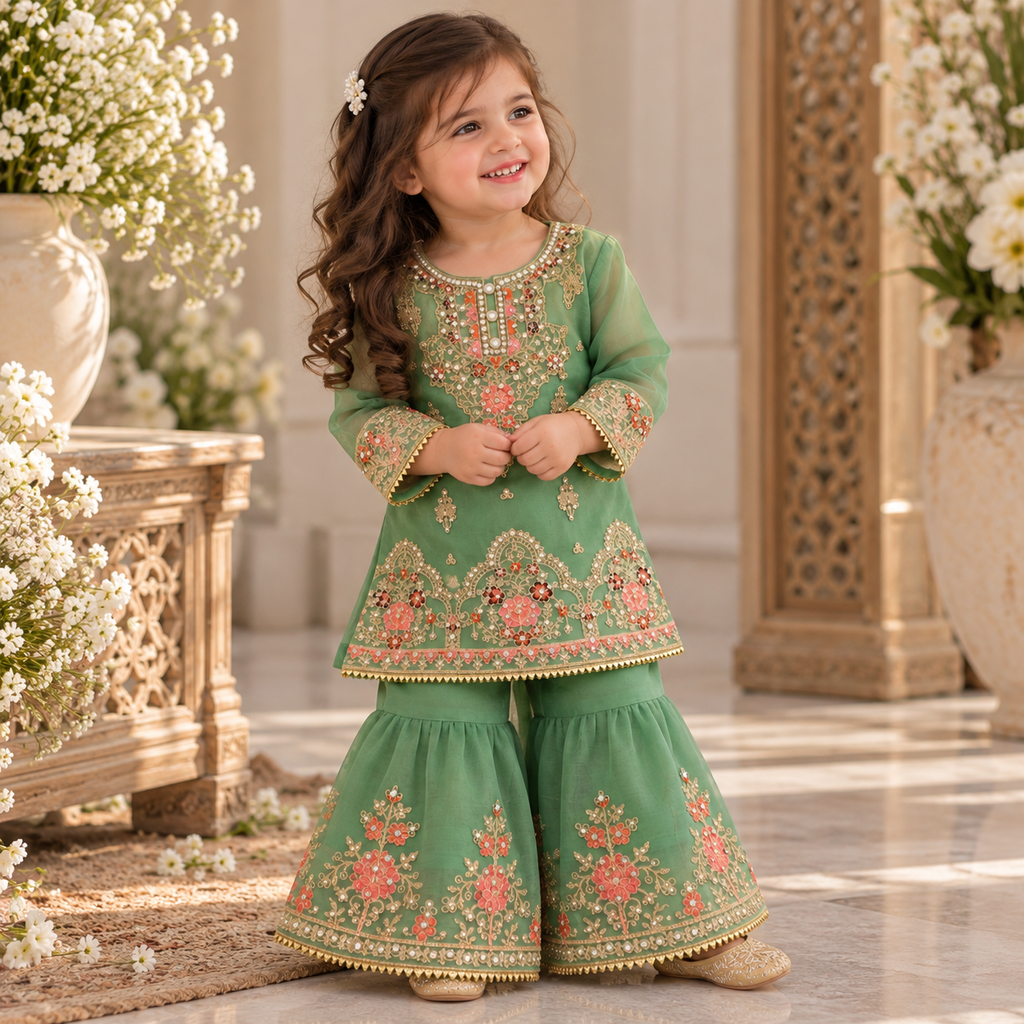 Green organza sharara (0-3 months to 3-4 years)