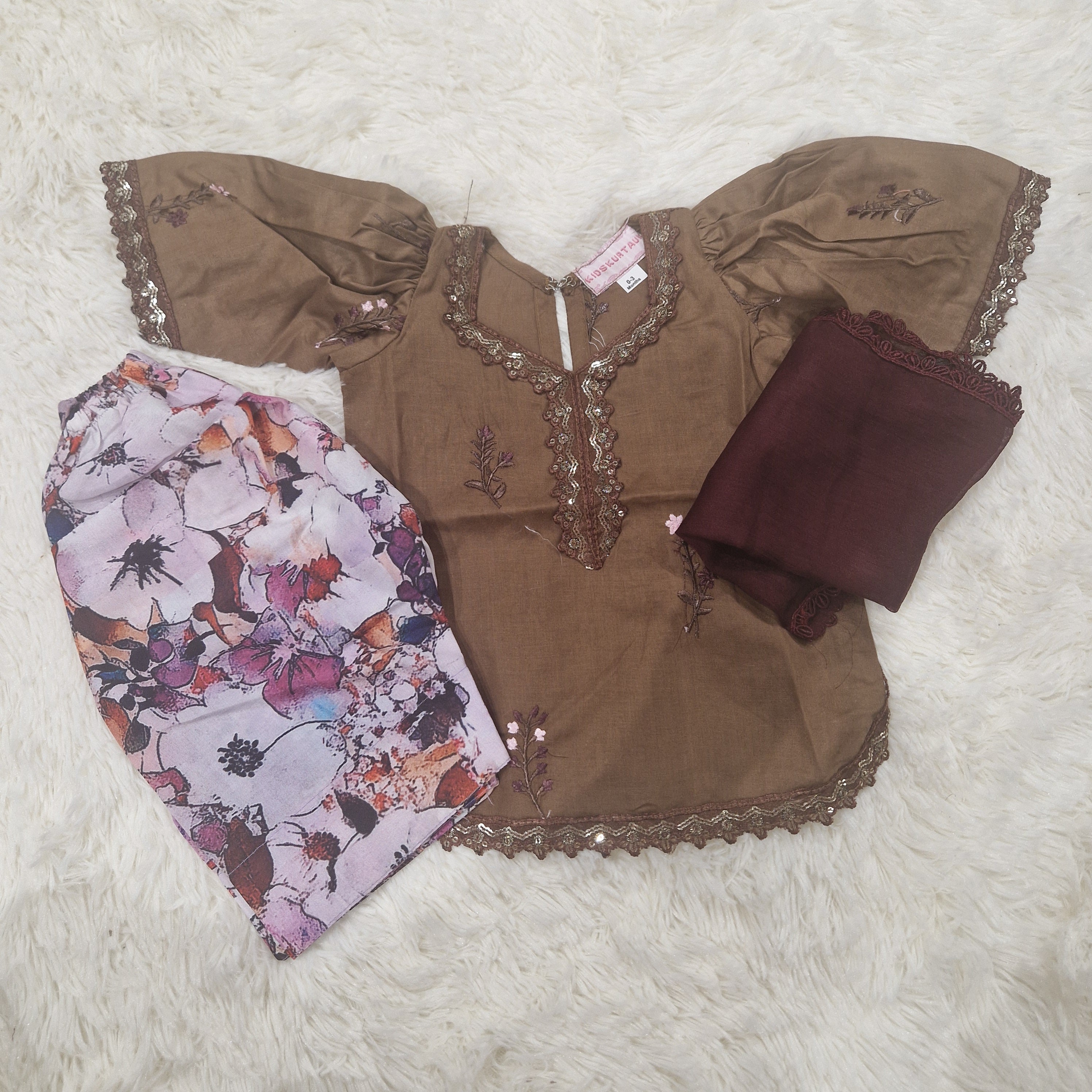 Brown puffed sleeved with farshi shalwar (0-3 months to 2-3 years)