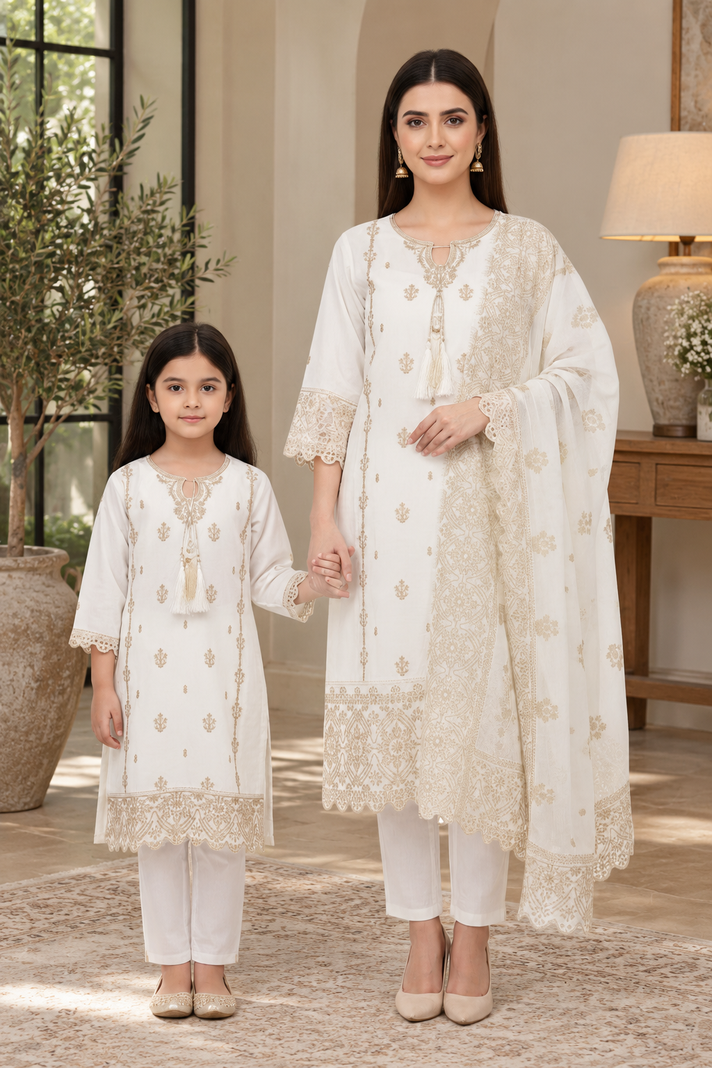White Mother daughter cotton suit (2 years - Adult XL)