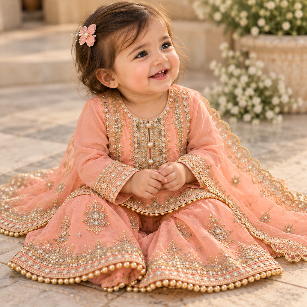 Pink organza gharara (0-3 months to 3-4 years)
