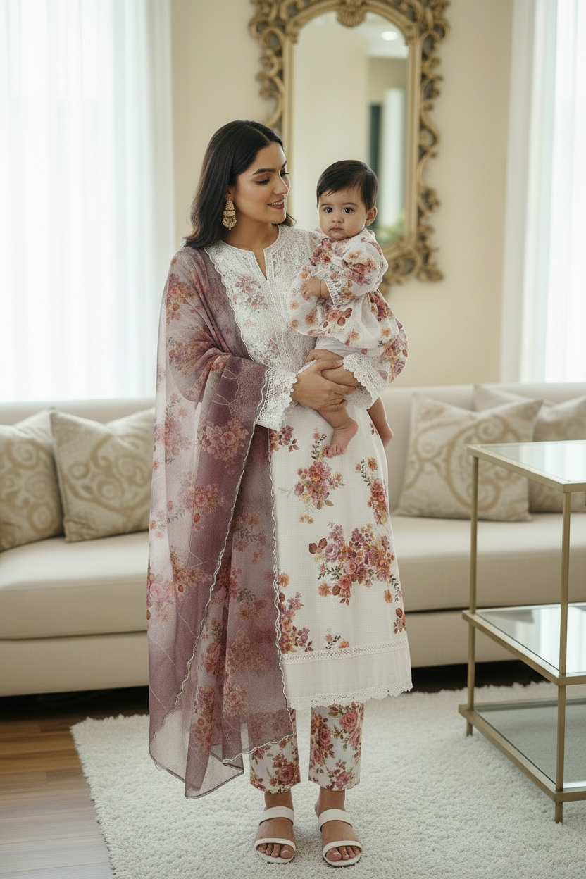 Mother daughter- Pink and burgundy floral chiken (0-XXL)