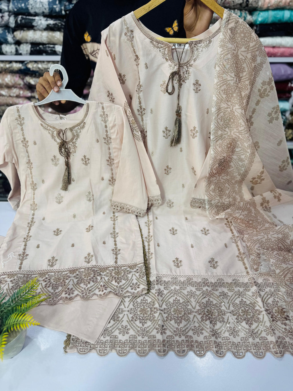 Cream Mother daughter cotton suit (2 years - Adult XL)