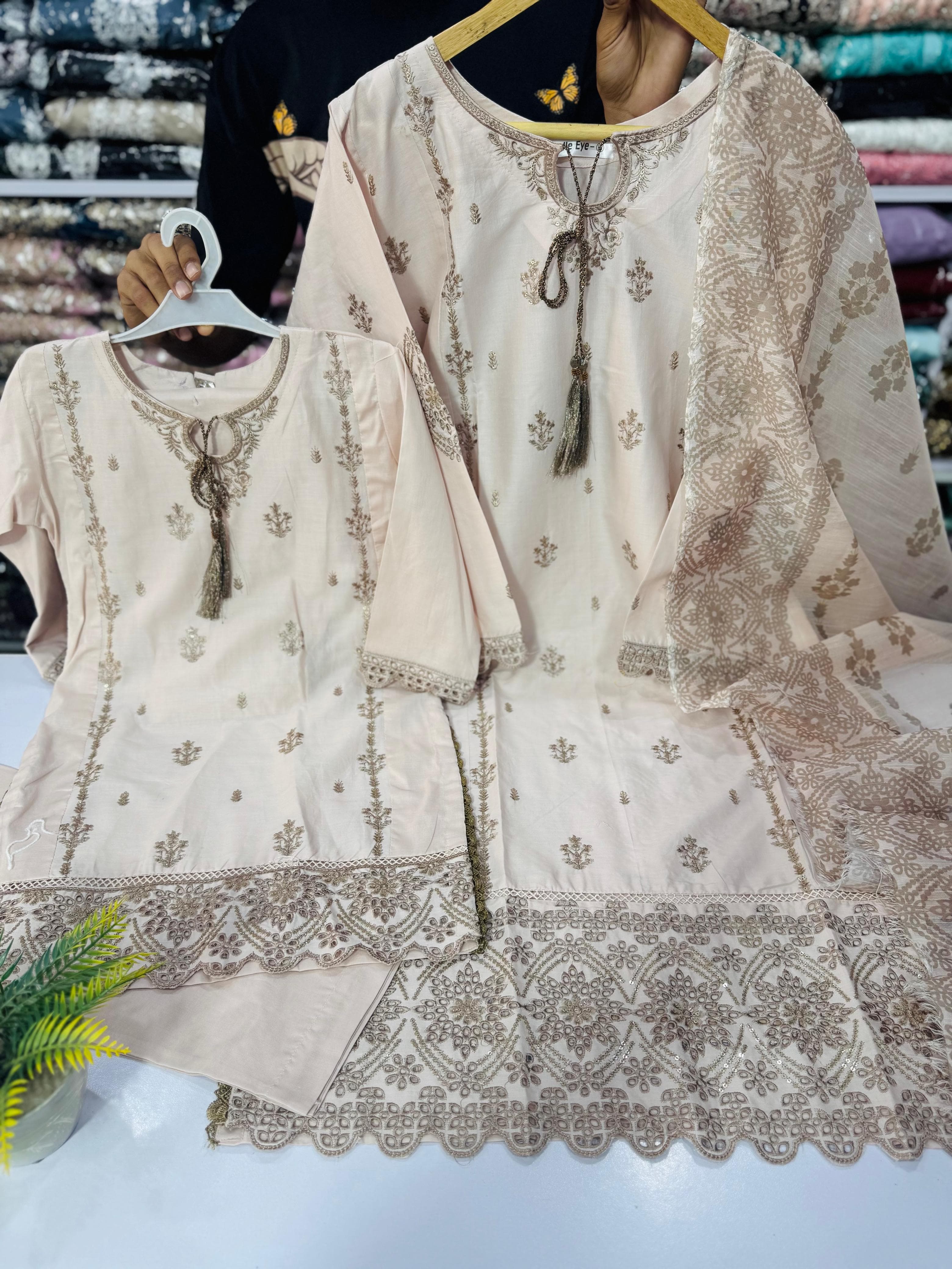 Cream Mother daughter cotton suit (2 years - Adult XL)