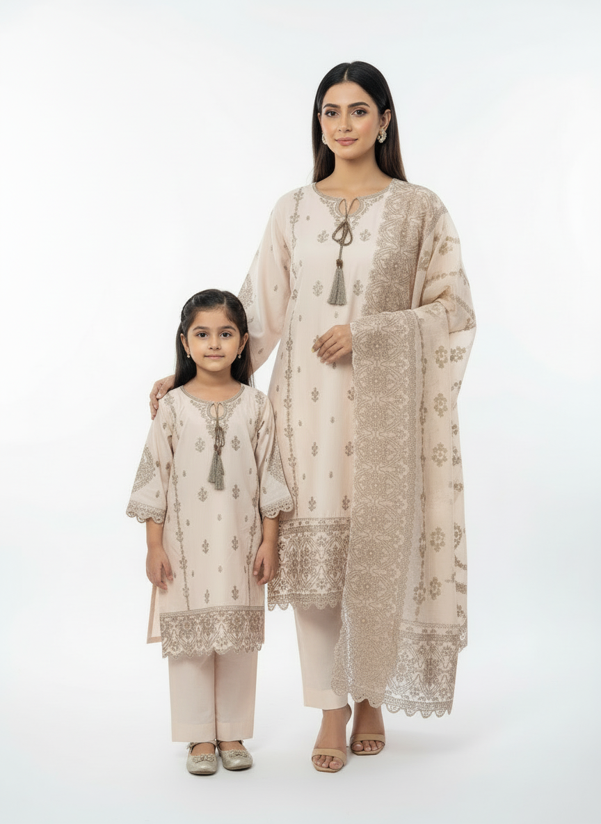 Cream Mother daughter cotton suit (2 years - Adult XL)