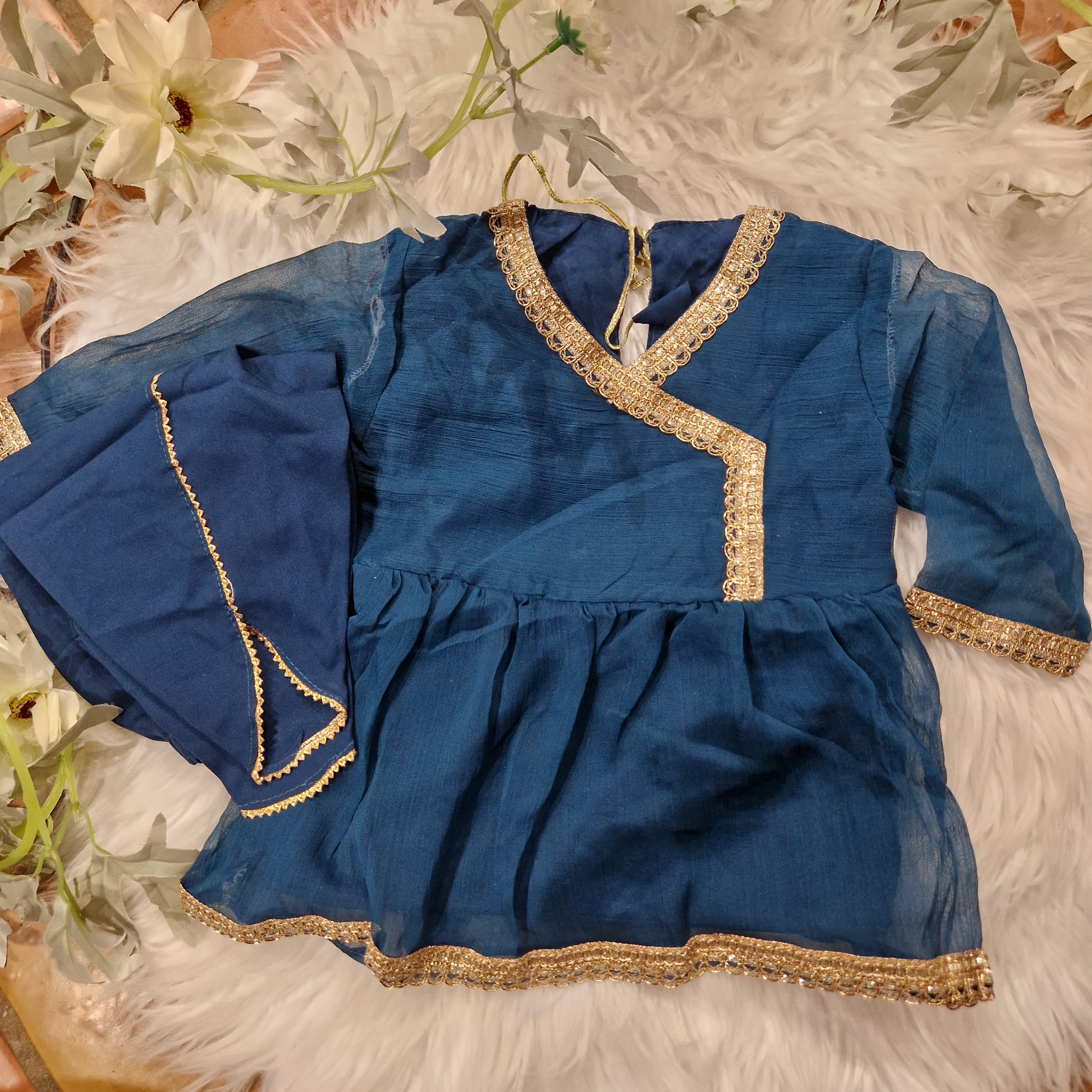 Teal angharka style frock with tulip (3-6 months to 2-3 years)