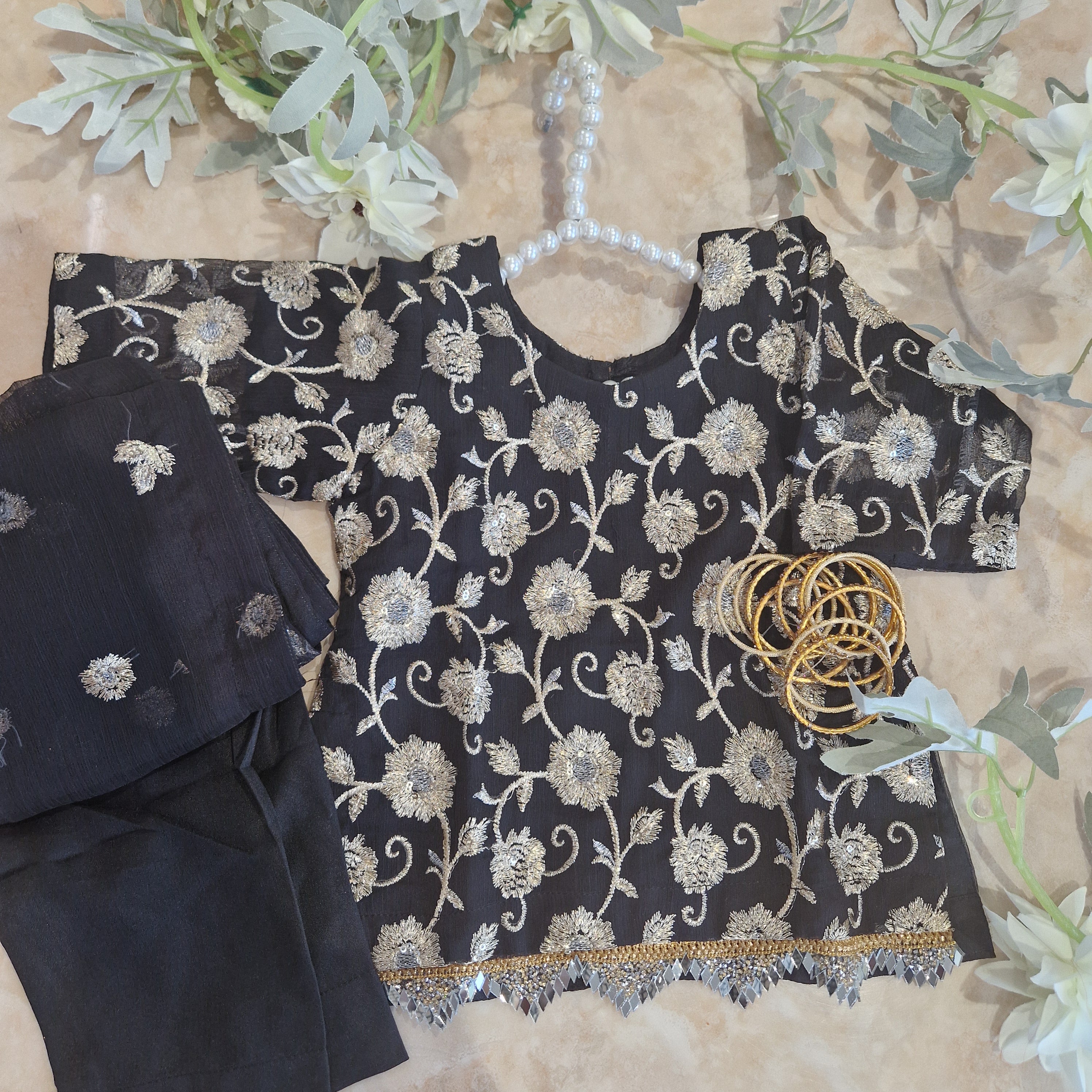 Black sequinned/embroidered (0-3 months to 4-5 years and Adult XS to XL)
