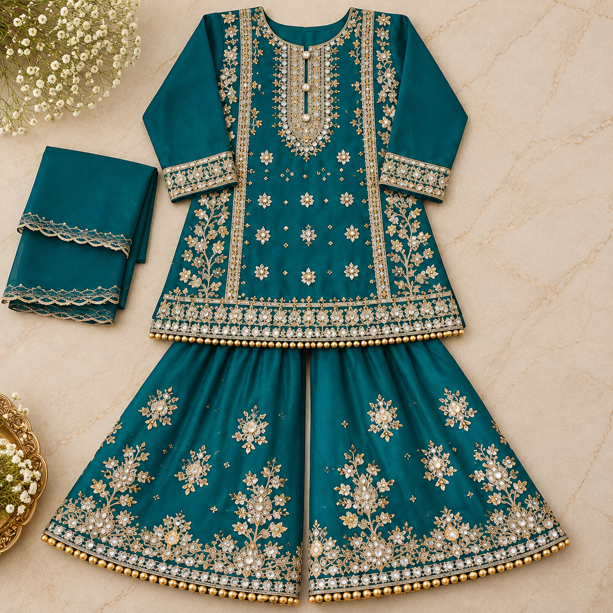 Teal organza gharara (0-3 months to 3-4 years)