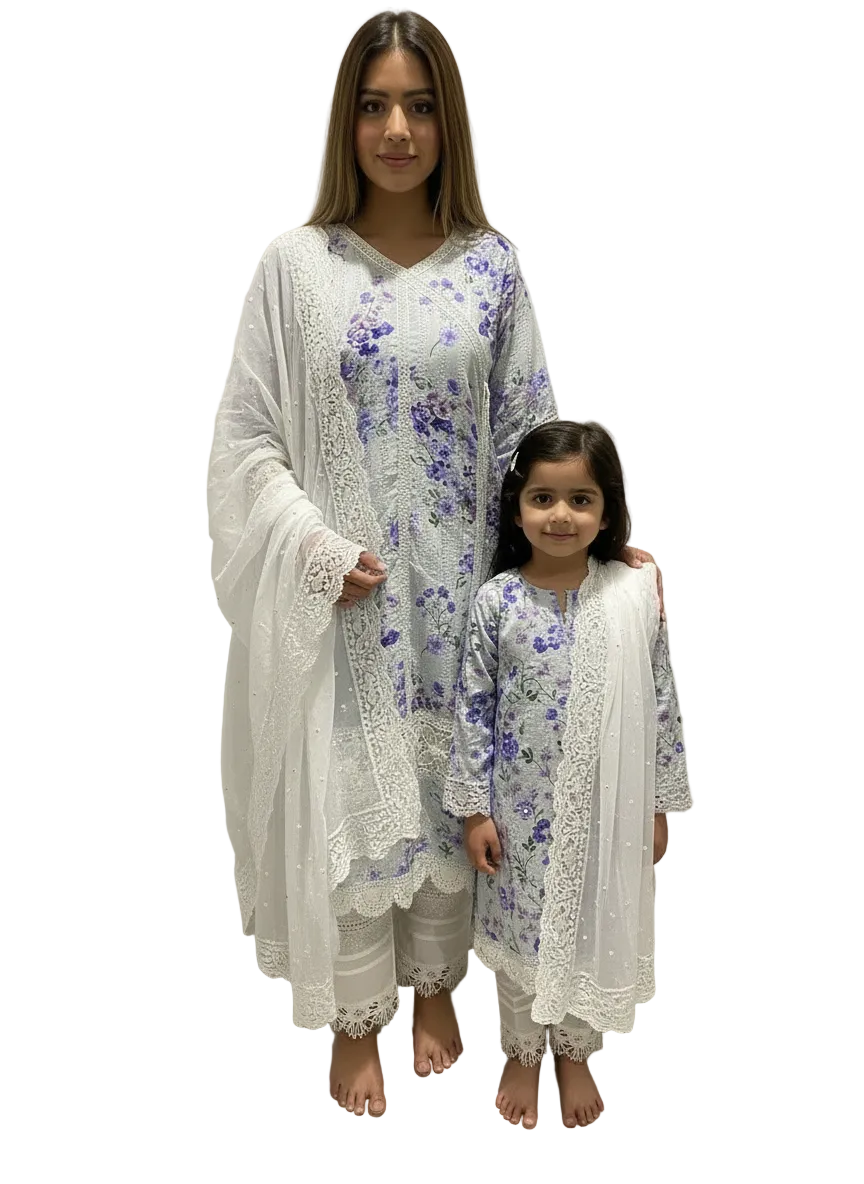 Blue white floral chikenkari (6 yrs to adult xxxl)