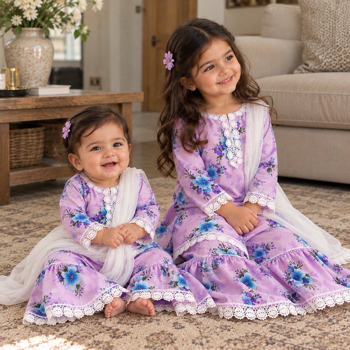 Lilac floral gharara (0-3 months to 3-4 years)