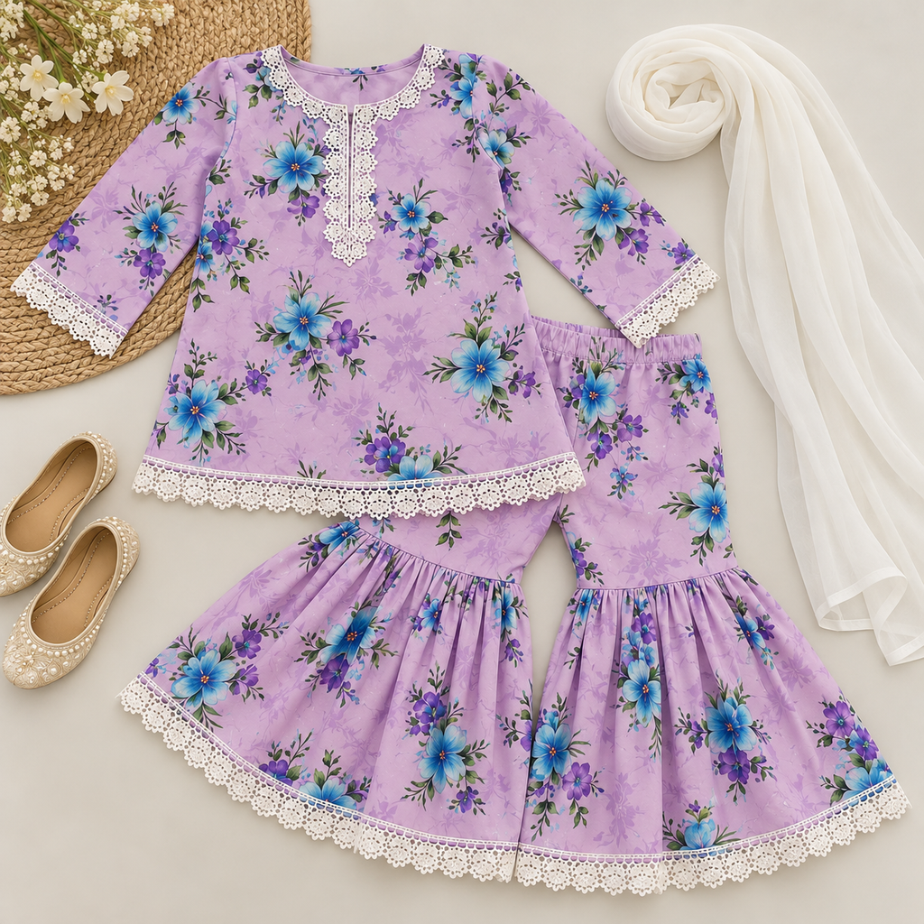 Lilac floral gharara (0-3 months to 3-4 years)