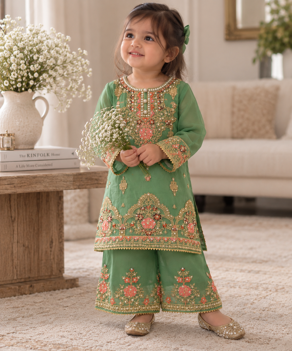 Green organza sharara (0-3 months to 3-4 years)